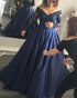 2018 Long Sleeve Prom Dresses with V Neck Navy Blue Satin Prom Dress with Beadings Puffy Formal Evening Gowns